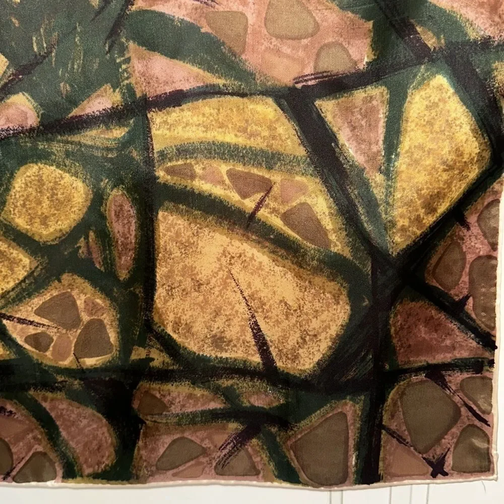 Vintage 60s Auteuil Fabrics Inc abstract art‎ green, brown & pink acetate scarf - Picture 4 of 8